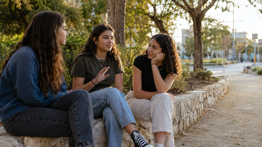 נערה משתפת שתי חברות בשיחה רגועה בפארק