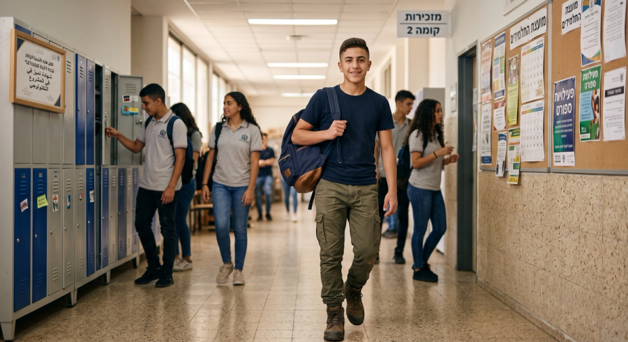 נער הולך בתחושת מסוגלות לאחר אימון רגשי לנוער במצפן הלב במסדרון בית הספר