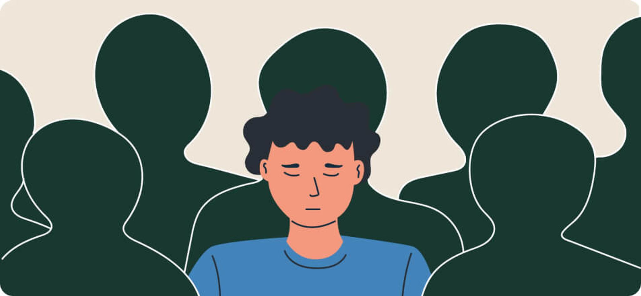 illustration of a sad man in a crowd