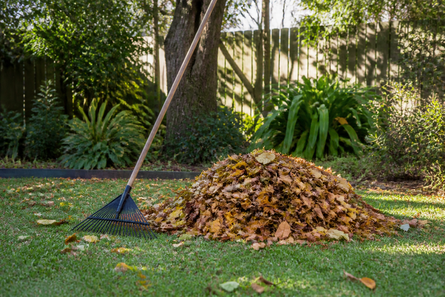 Garden rake beside a tidy pile of collected leaves