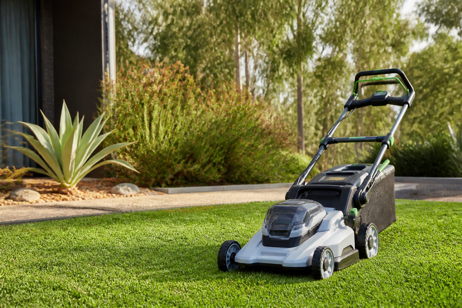 Battery lawn mower on a freshly maintained residential lawn