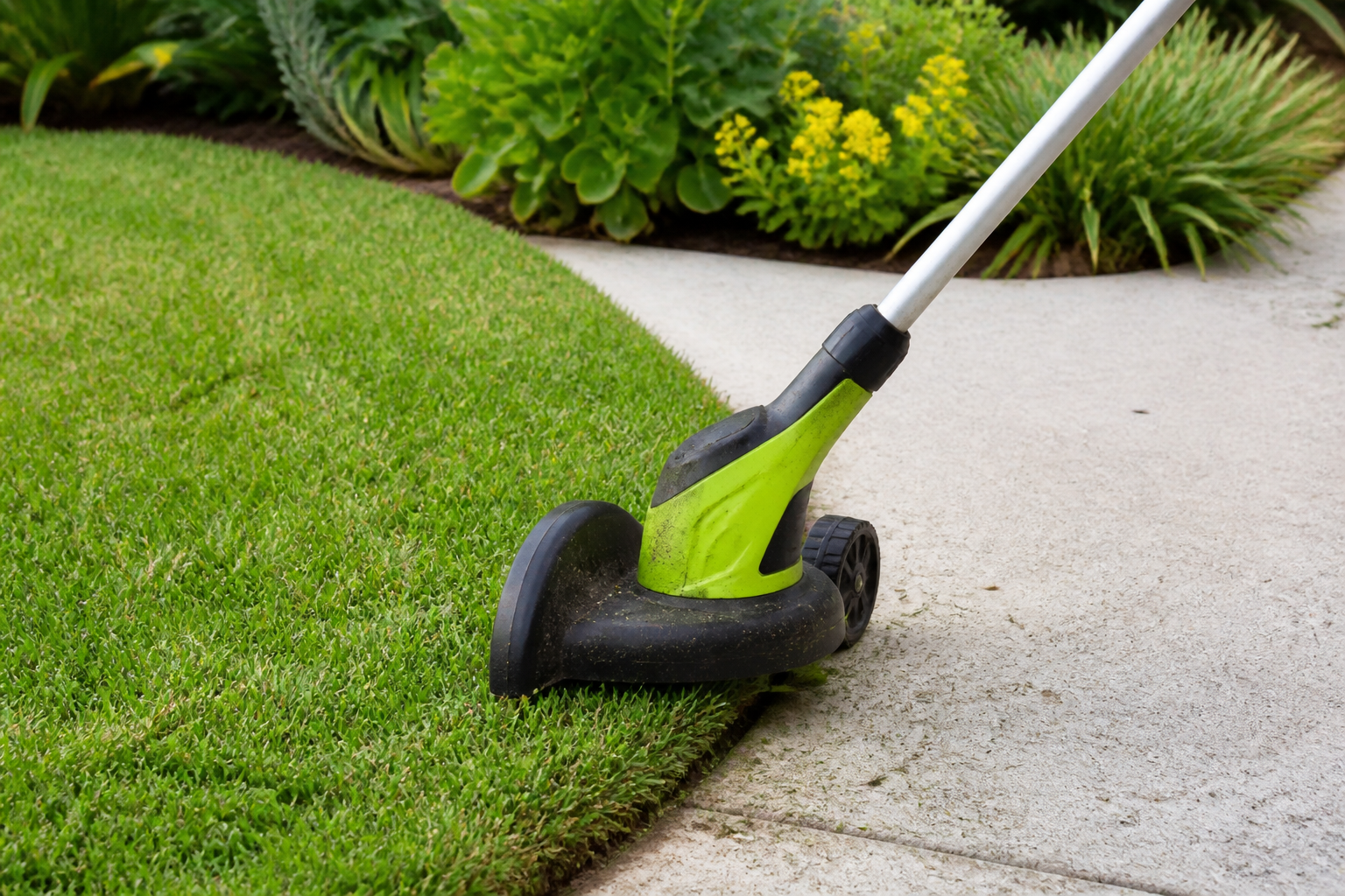 Lawn edger creating a clean line beside a garden path