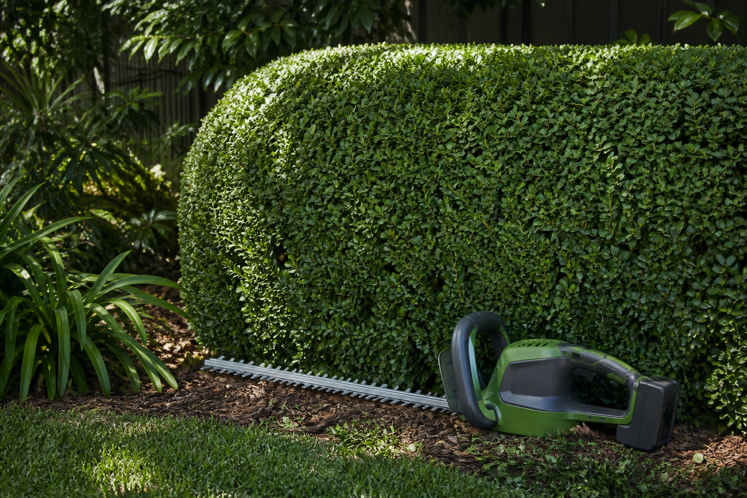 Battery hedge trimmer beside a neatly shaped garden hedge