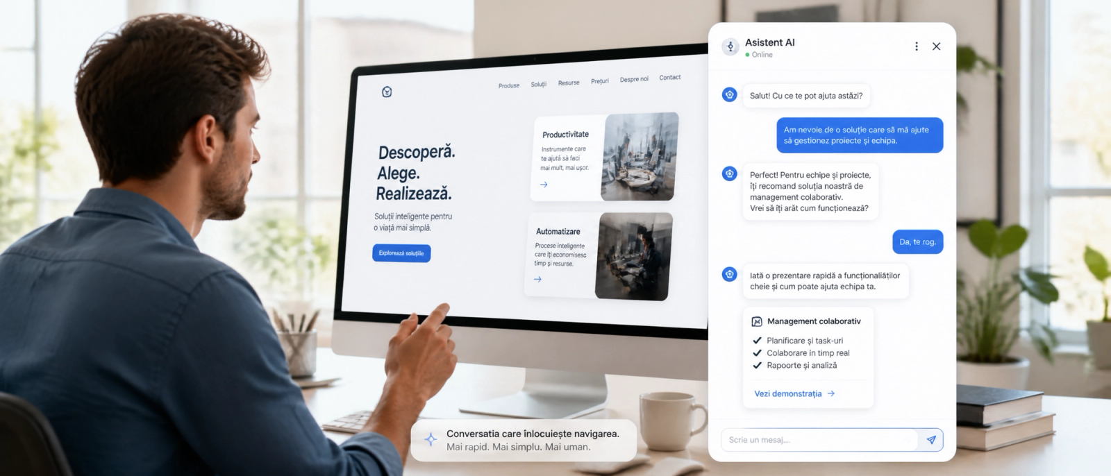 Utilizator interacționând cu o interfață asistată de AI