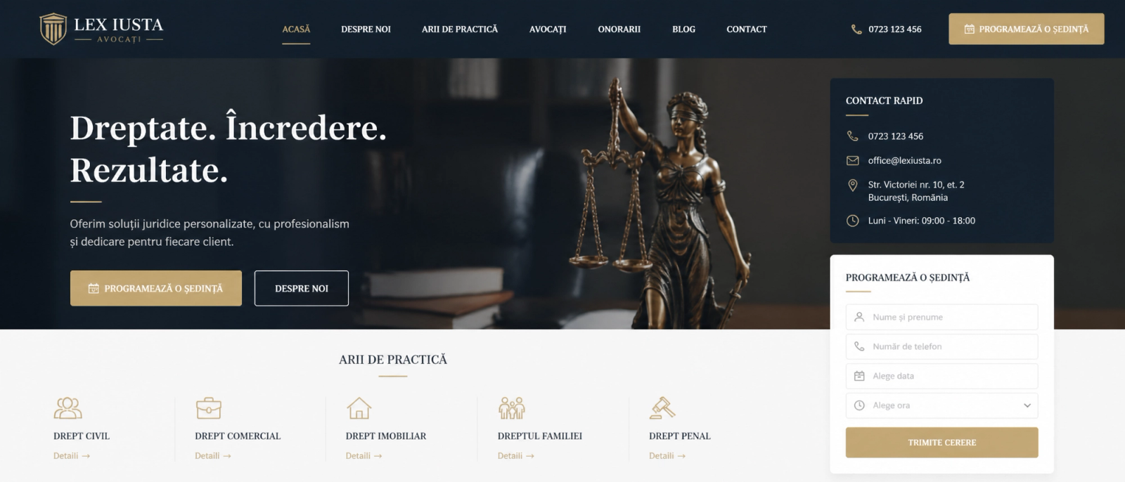 Website modern de avocatură cu opțiuni de contact și programare