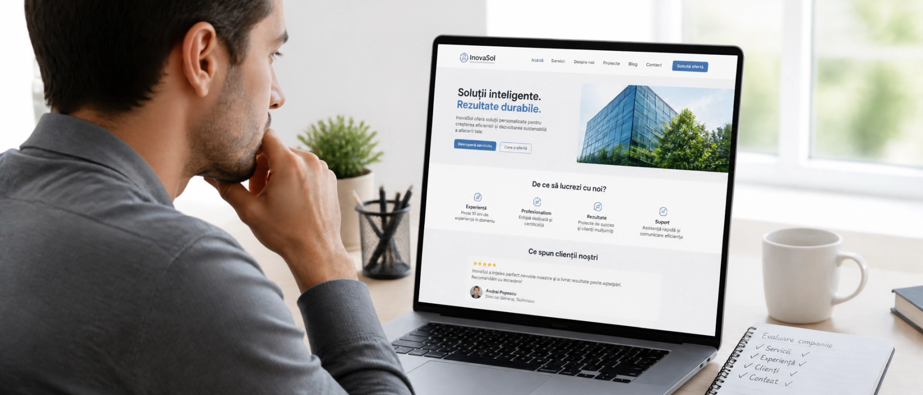 Persoană formându-și prima impresie pe website-ul unei companii