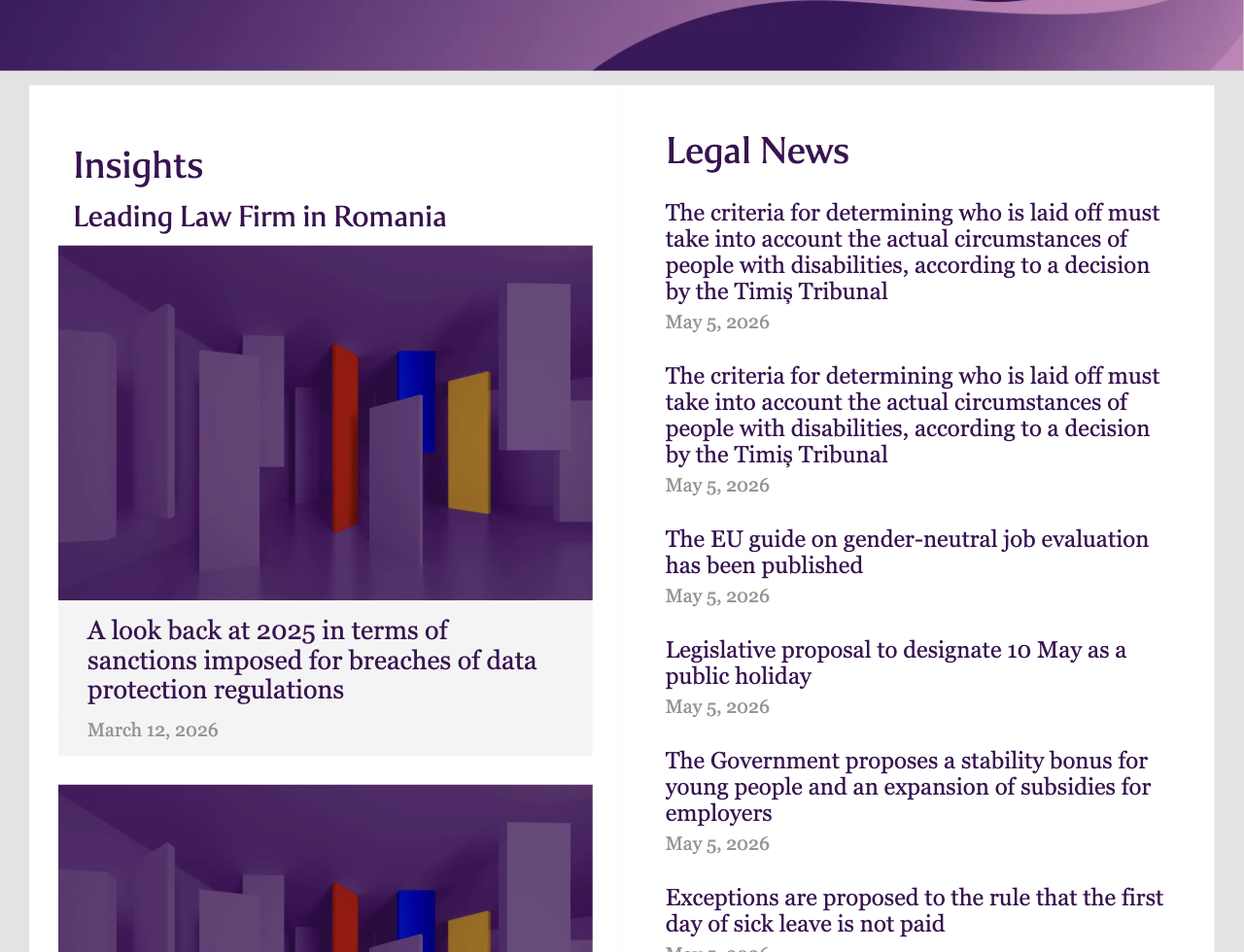 Secțiunea Insights / Legal News de pe website-ul Filip & Company