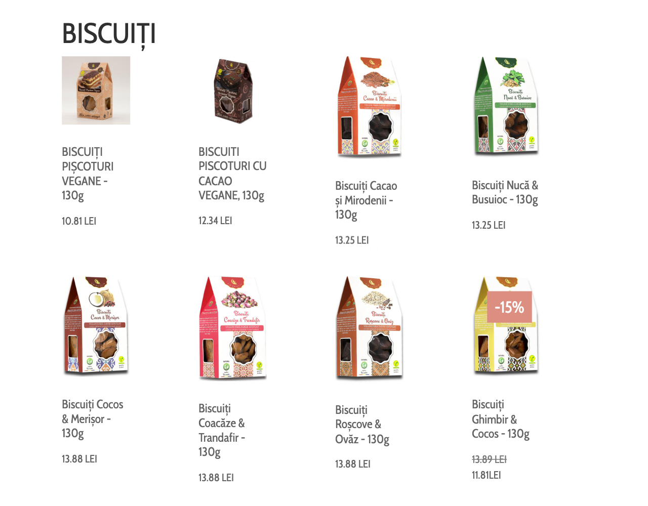 Grila de produse (biscuiți) de pe website-ul Hiper Ambrozia