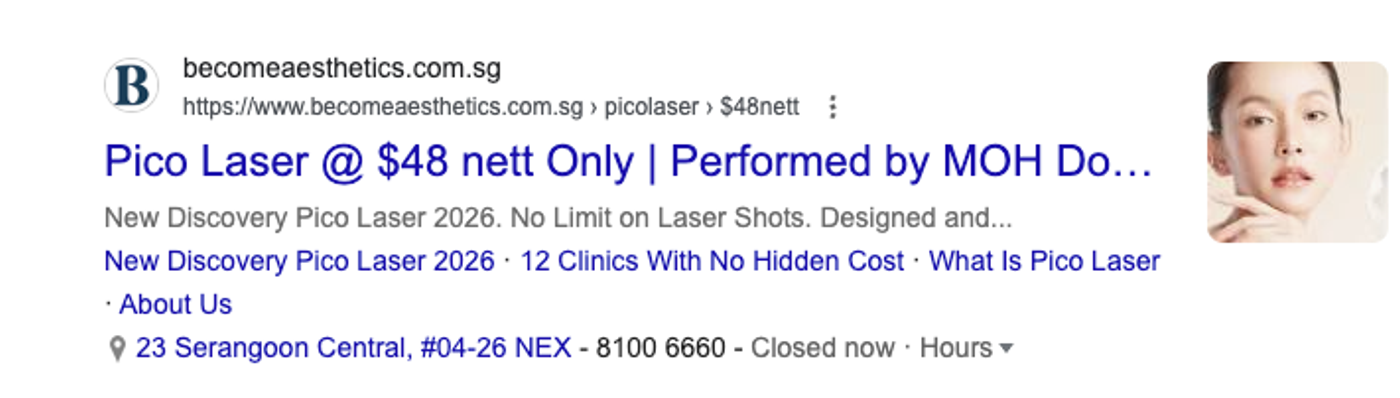 Google search result for Become Aesthetics showing the title Pico Laser at 48 dollars nett, performed by MOH doctors, with sitelinks and a clinic address.