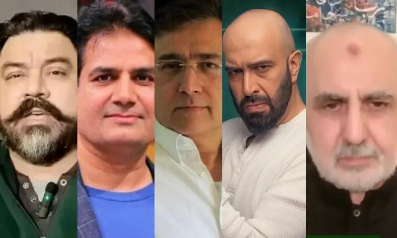 Collage shows Adil Raja, Sabir Shakir, analyst Moeed Pirzada, Wajahat Saeed Khan, and anchorperson Haider Raza Mehdi. 