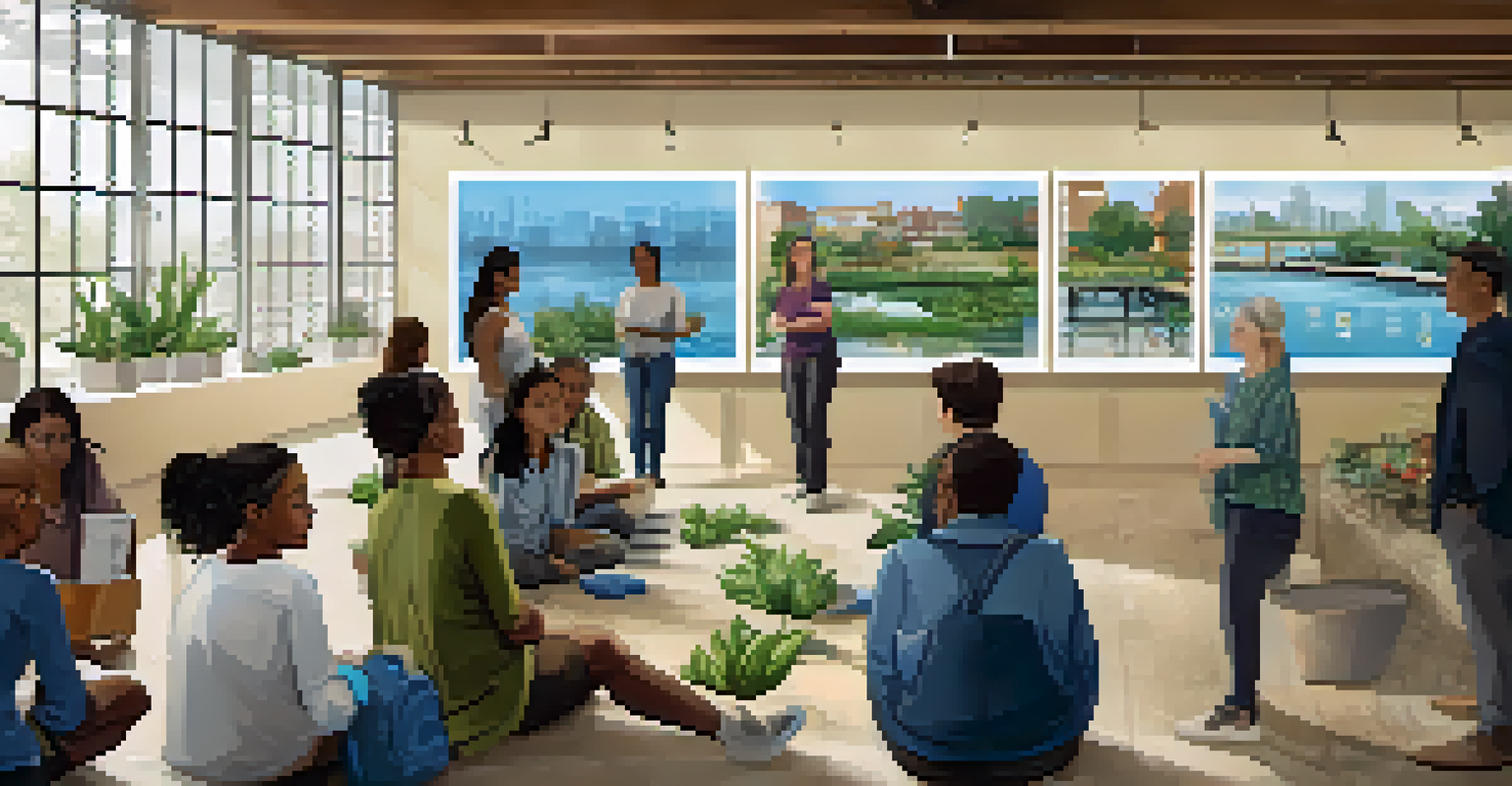 A community workshop on water conservation in an urban space, with residents discussing and informational posters about water-saving practices.