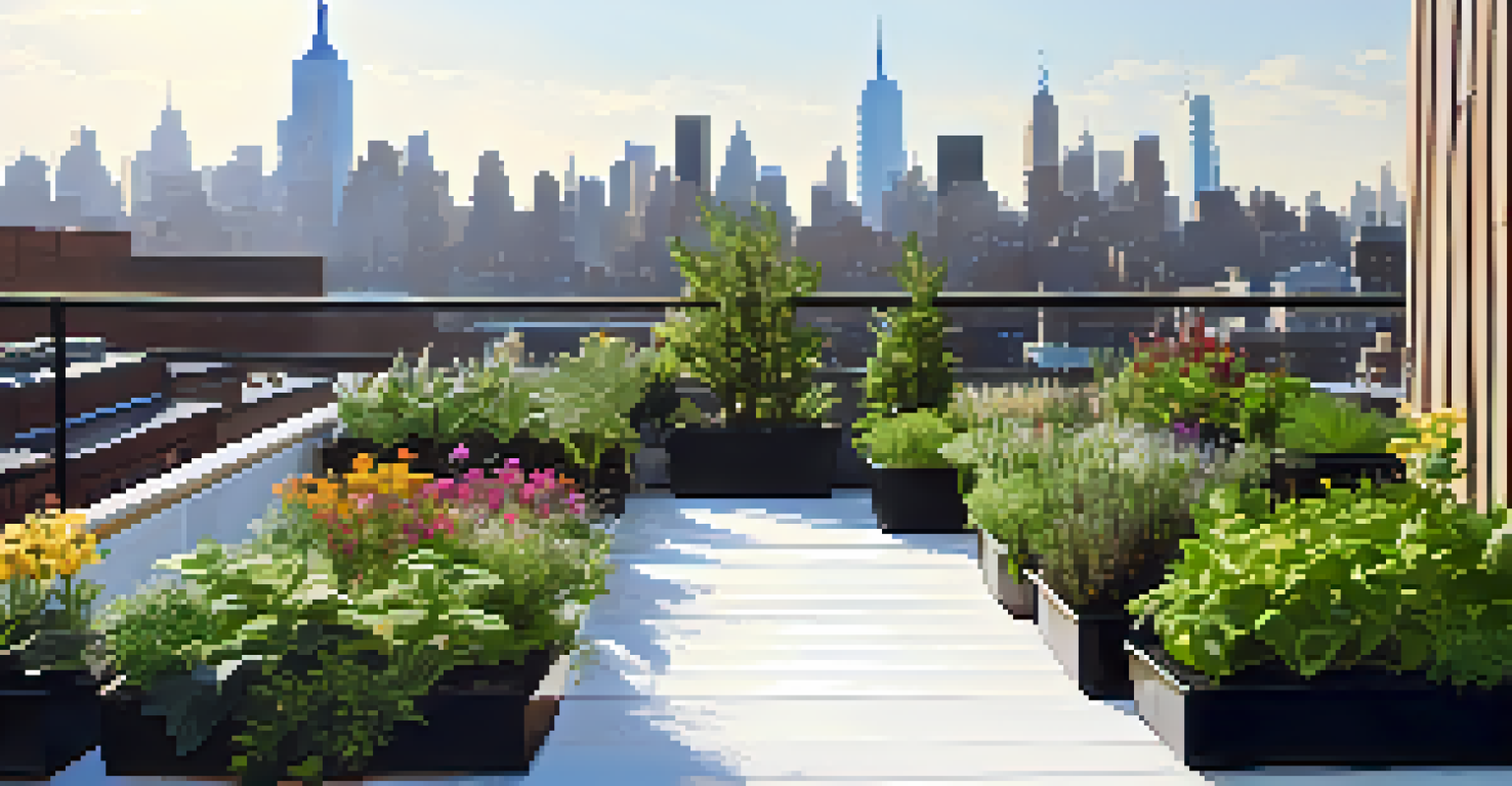 A rooftop garden featuring plants and flowers in an urban setting with New York City's skyline in the background and sunlight reflecting off cool roofing.
