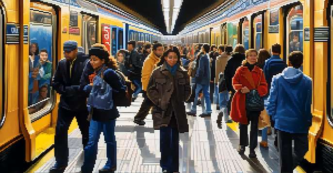 A busy subway station in New York City filled with diverse commuters going about their day, with colorful ads and natural light illuminating the space.