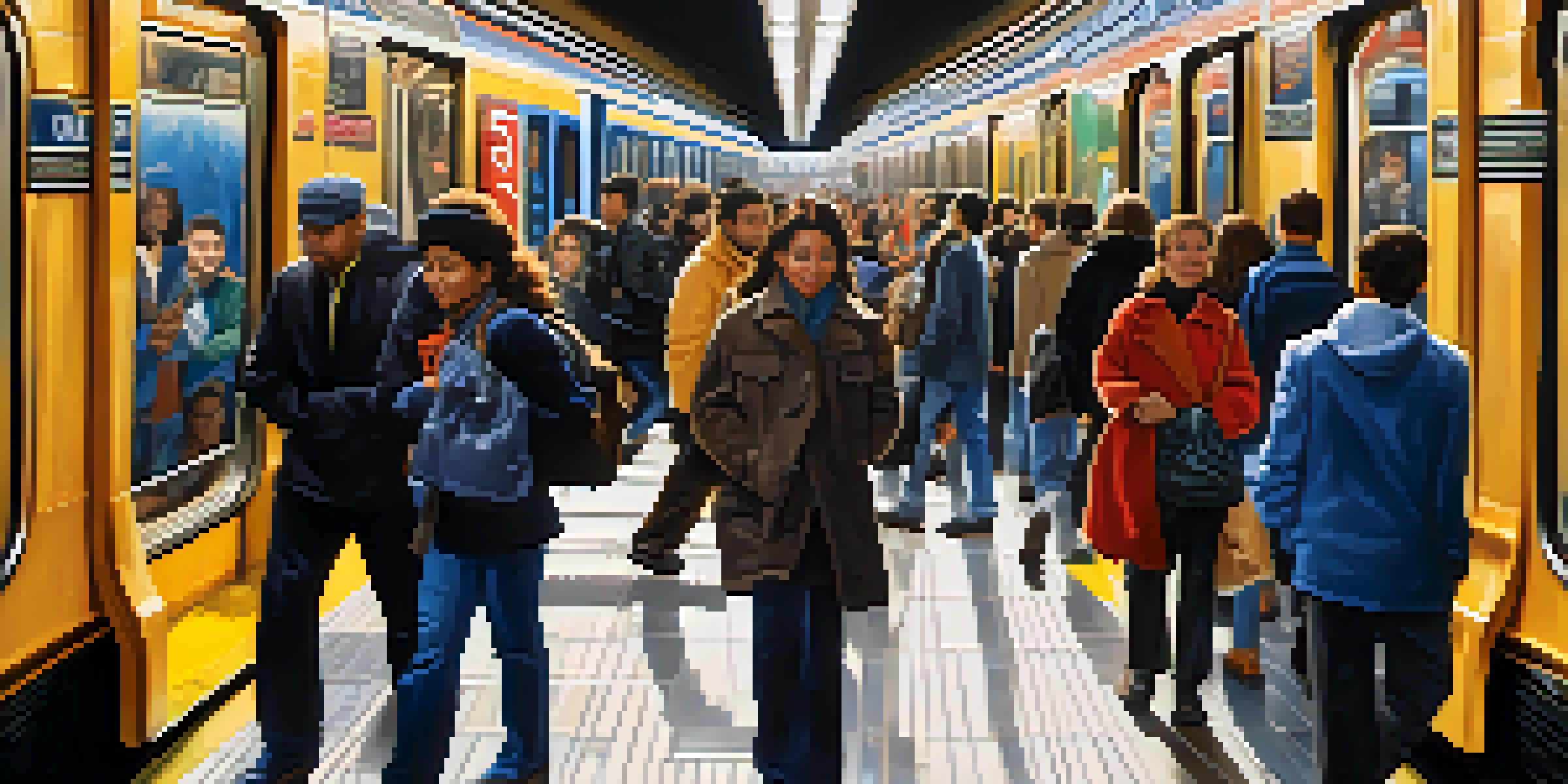 A busy subway station in New York City filled with diverse commuters going about their day, with colorful ads and natural light illuminating the space.