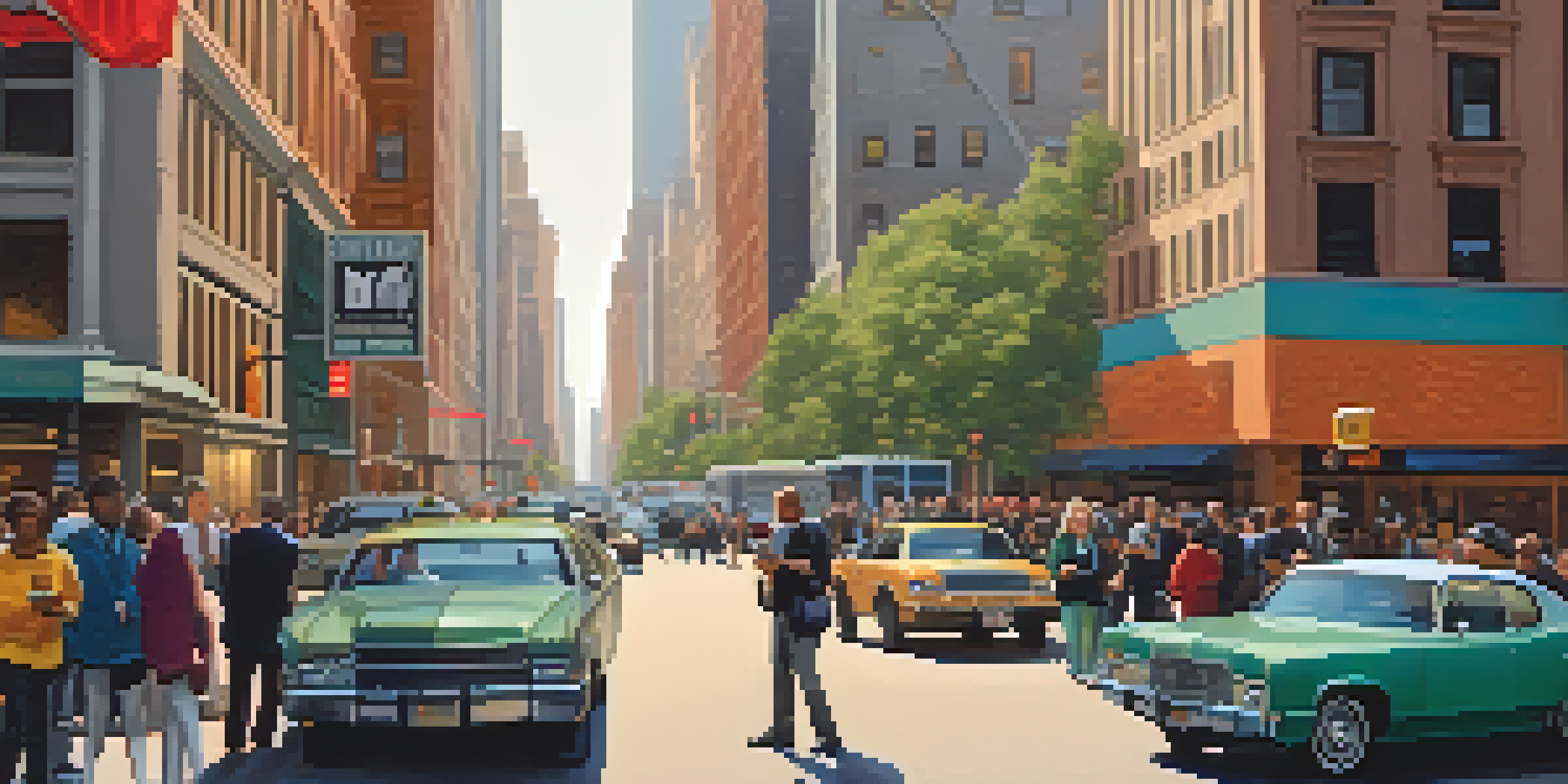 A busy New York City street with people using smartphones for updates during a crisis, capturing a sense of urgency and community.