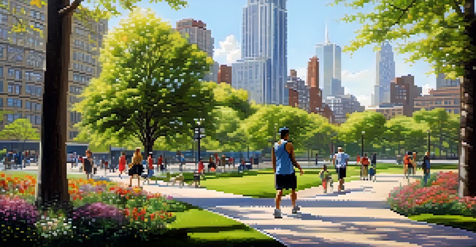 A peaceful urban park in New York City with people walking and jogging, surrounded by greenery and the skyline in the background.