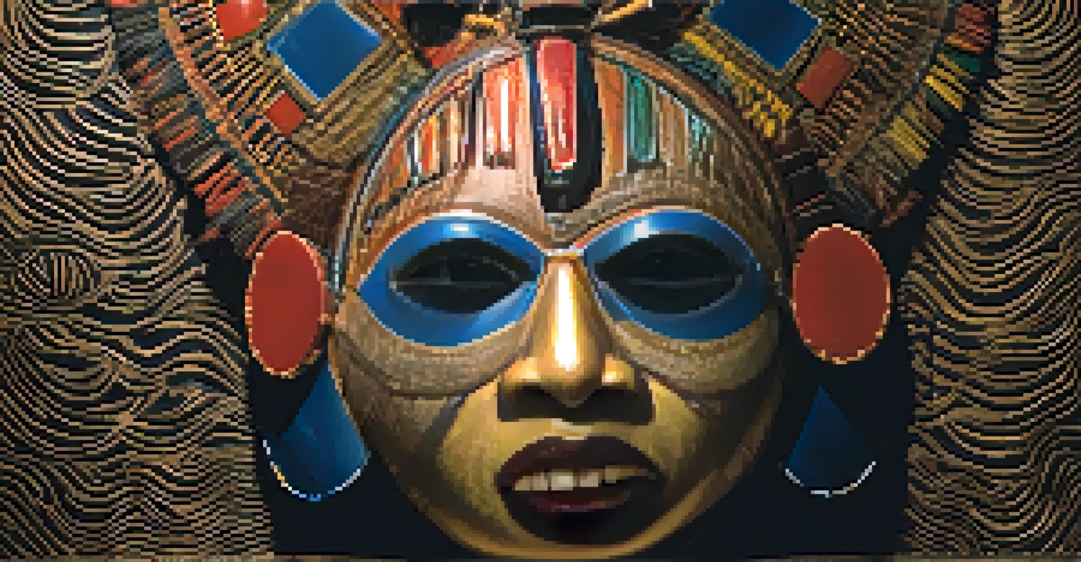 A close-up view of a ceremonial African mask, showcasing its intricate craftsmanship against a dark background.