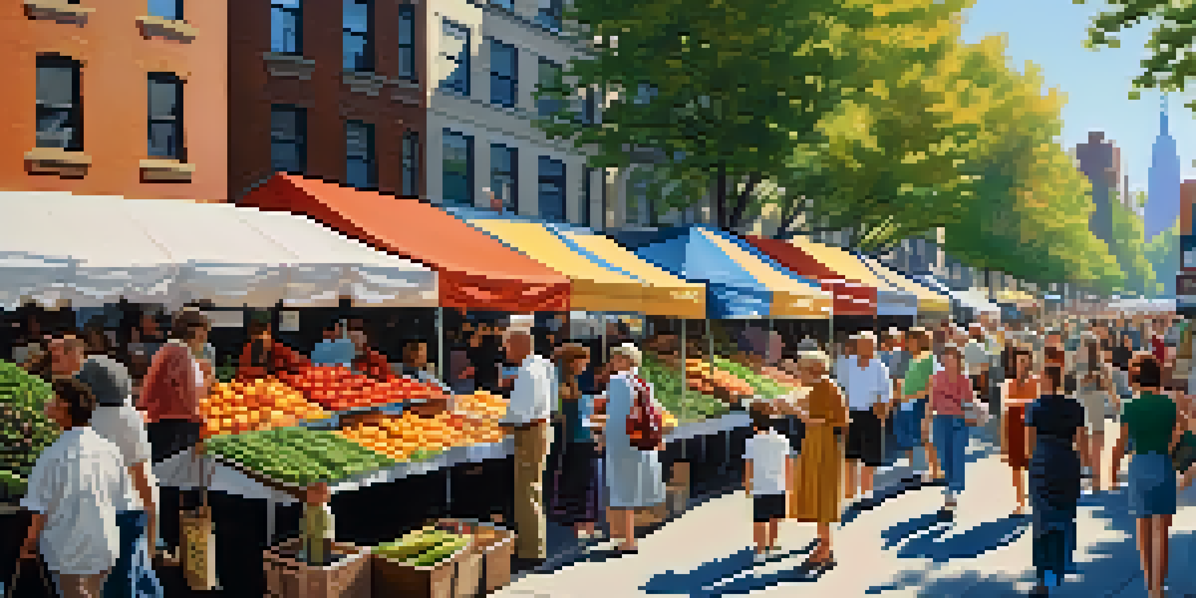 A lively farmers' market in NYC with colorful stalls and diverse shoppers enjoying fresh produce under a sunny sky.