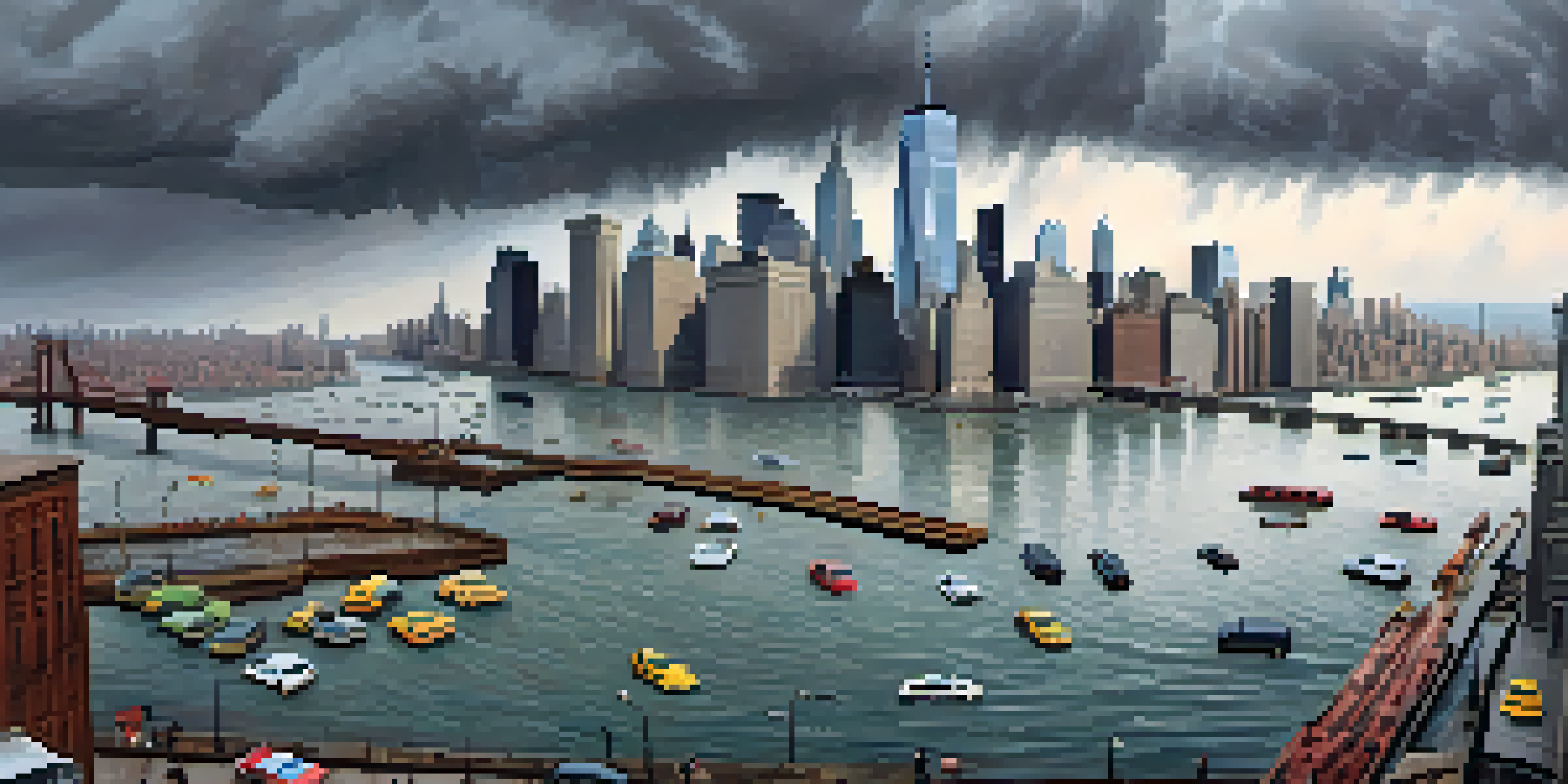 A wide view of Lower Manhattan showing flooding after Hurricane Sandy, with emergency responders and people using rafts.