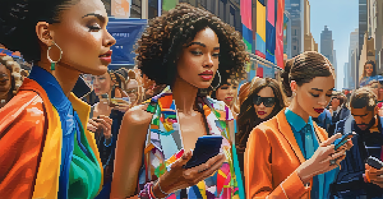 A close-up of a busy NYC street during Fashion Week with models in vibrant outfits and an audience capturing the moment on smartphones, highlighting a vibrant atmosphere.