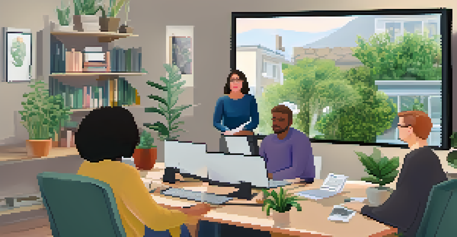 A virtual town hall meeting on a computer screen, showcasing urban planners discussing with community members in a cozy home office setting.