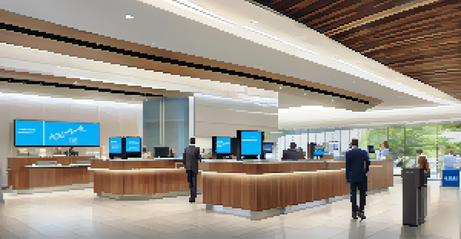 Interior view of a modern New York City bank branch with sleek design, digital screens, and customers interacting with staff.