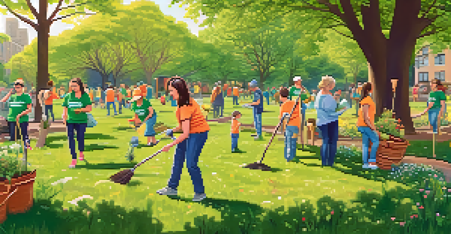 Residents of all ages volunteering in a sunny park to plant trees and clean up, wearing matching t-shirts that promote community engagement.