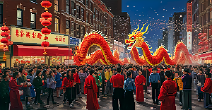 A lively street scene of the Chinese New Year Parade featuring dragon dancers and crowds with lanterns, illuminated by fireworks.