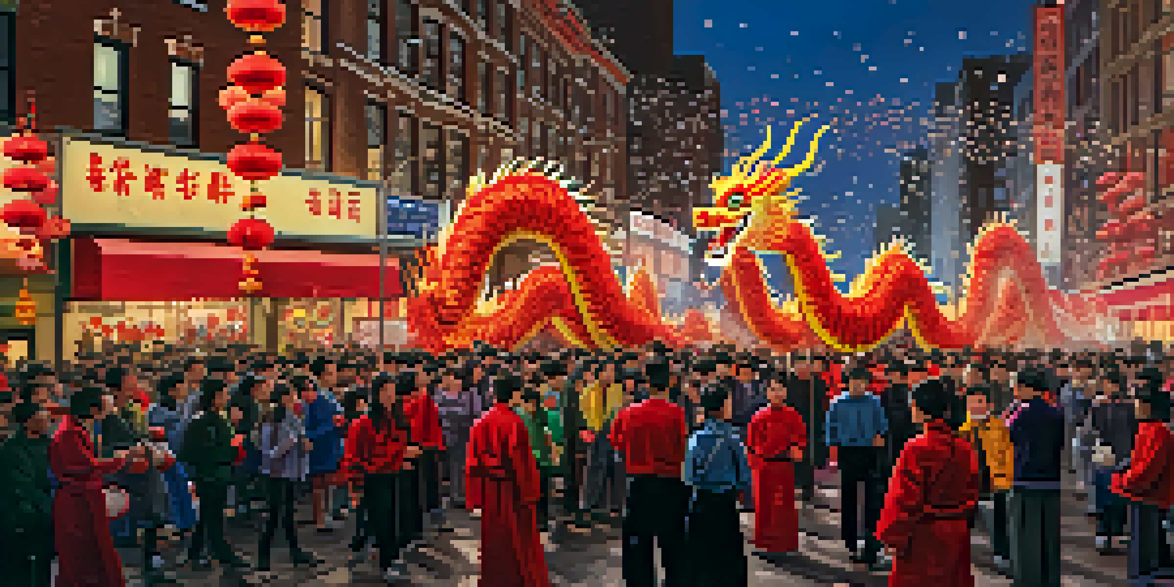 A lively street scene of the Chinese New Year Parade featuring dragon dancers and crowds with lanterns, illuminated by fireworks.