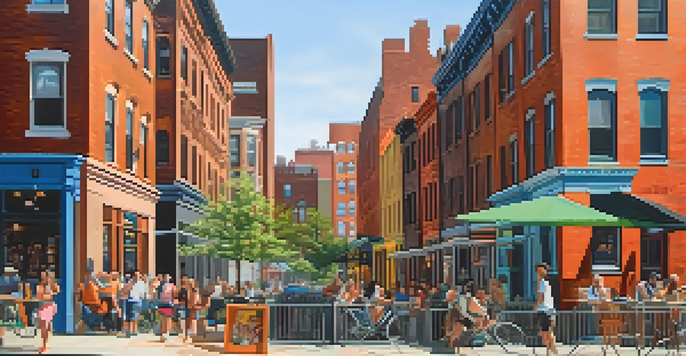 A lively street scene in Williamsburg with street art, artists, outdoor cafes, modern condos, and historic buildings under bright sunlight.