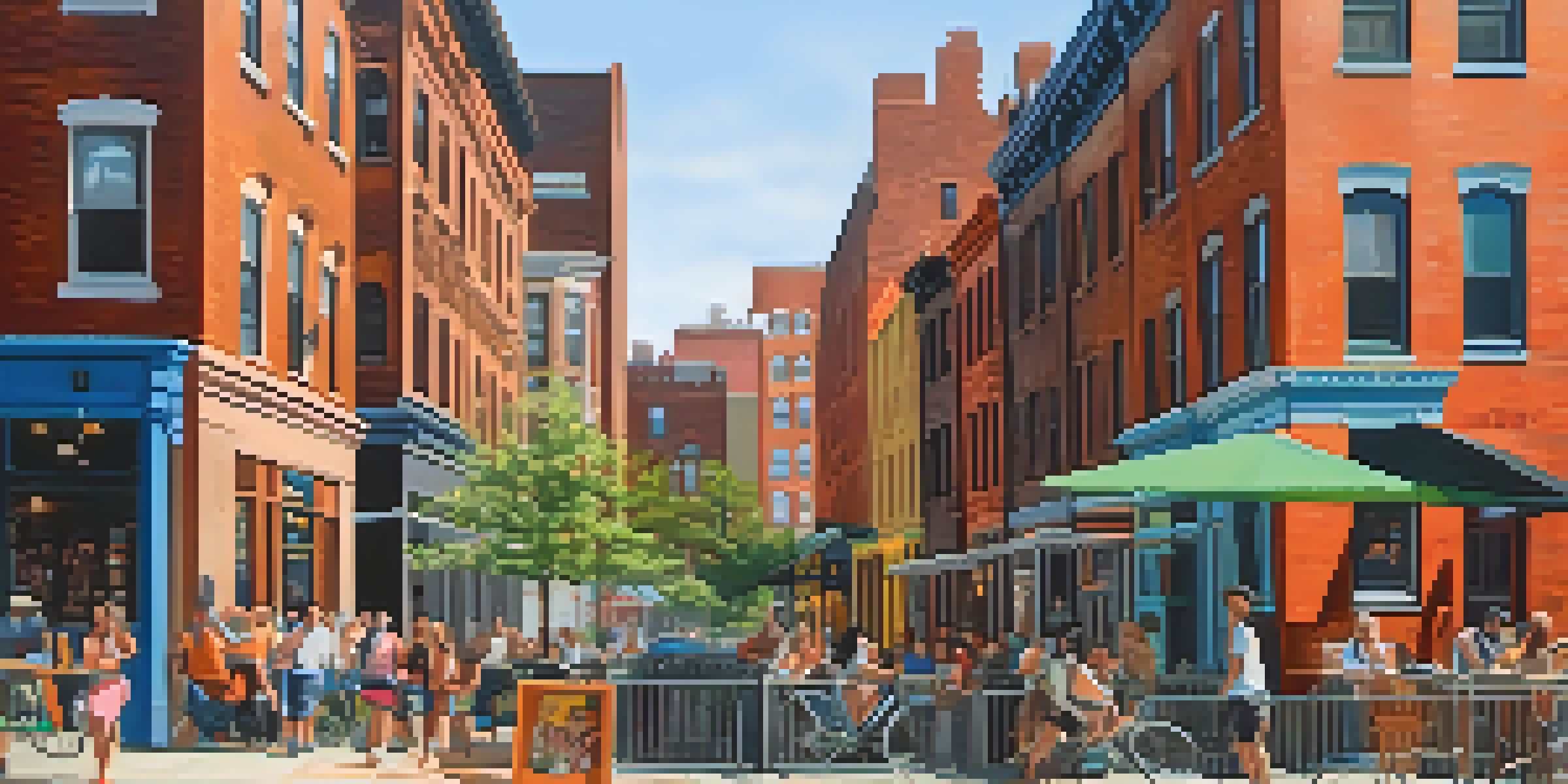 A lively street scene in Williamsburg with street art, artists, outdoor cafes, modern condos, and historic buildings under bright sunlight.