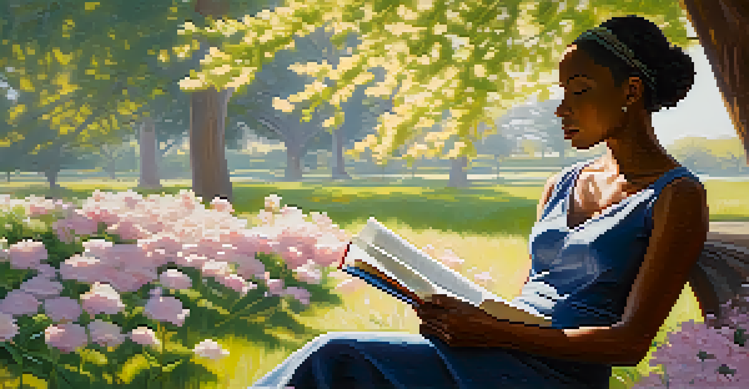 An African American woman reading in a sunlit park, surrounded by flowers, reflecting a sense of empowerment and tranquility.