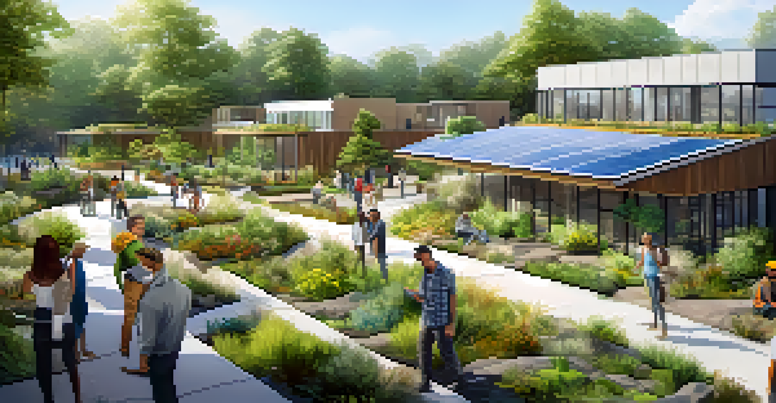 A group of people discussing eco-friendly urban development with green buildings and plants surrounding them.