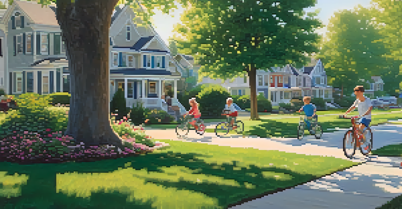 A quiet suburban neighborhood in the morning with houses, children playing, and sunlight filtering through trees.