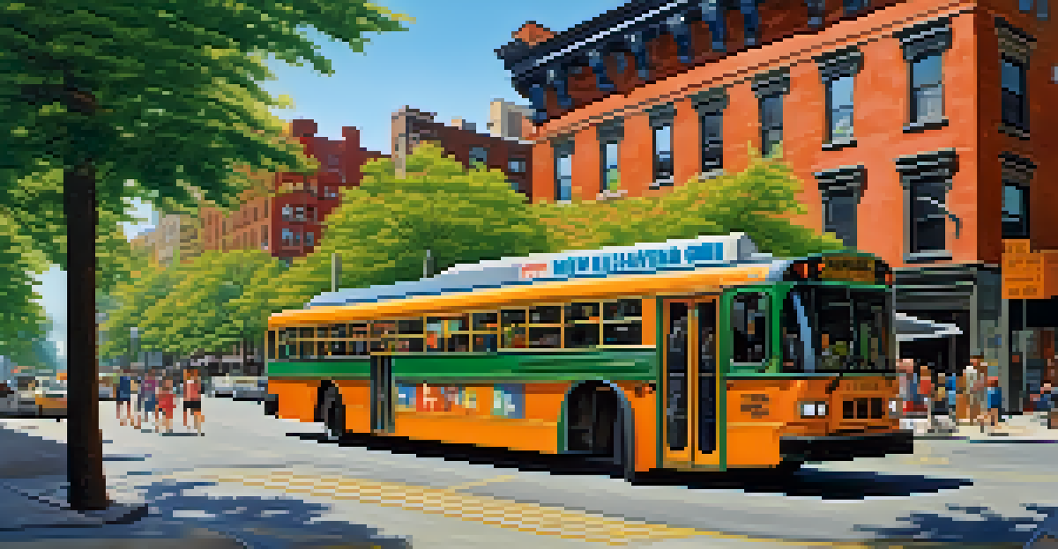 A city bus in a lively NYC neighborhood with pedestrians, street vendors, and colorful murals under a blue sky.