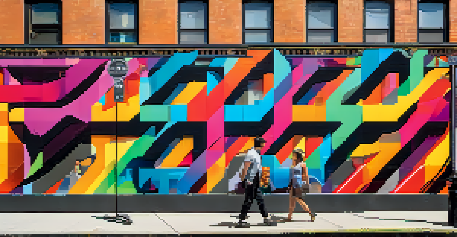 A colorful street art mural on The Bowery, with people admiring the vibrant design in an urban setting.