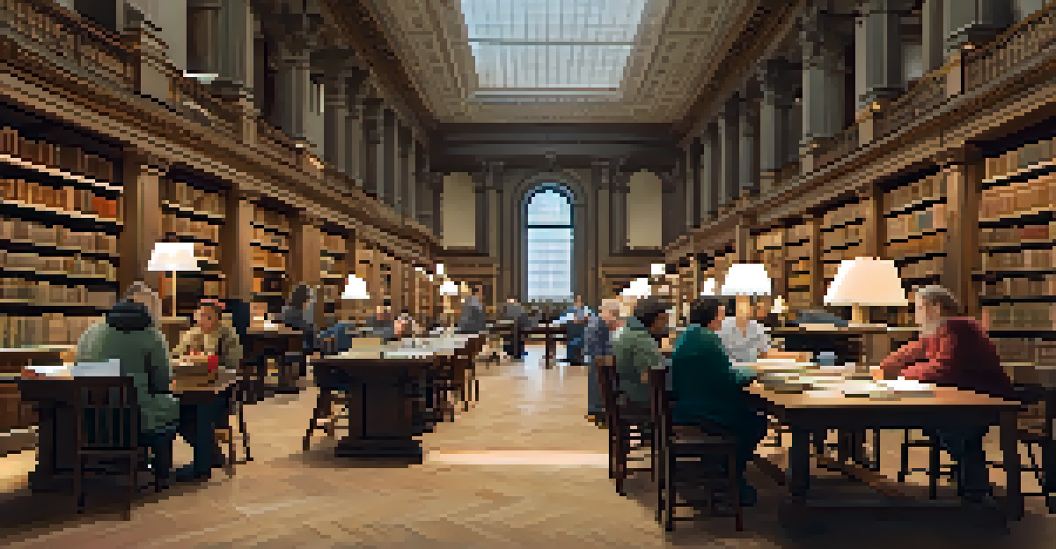 Adults participating in a workshop inside a New York Public Library, surrounded by wooden bookshelves and warm lighting, engaging in discussion over books.