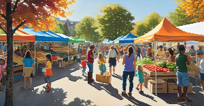 A lively farmers' market in a neighborhood park with diverse people, colorful stalls, and children playing.