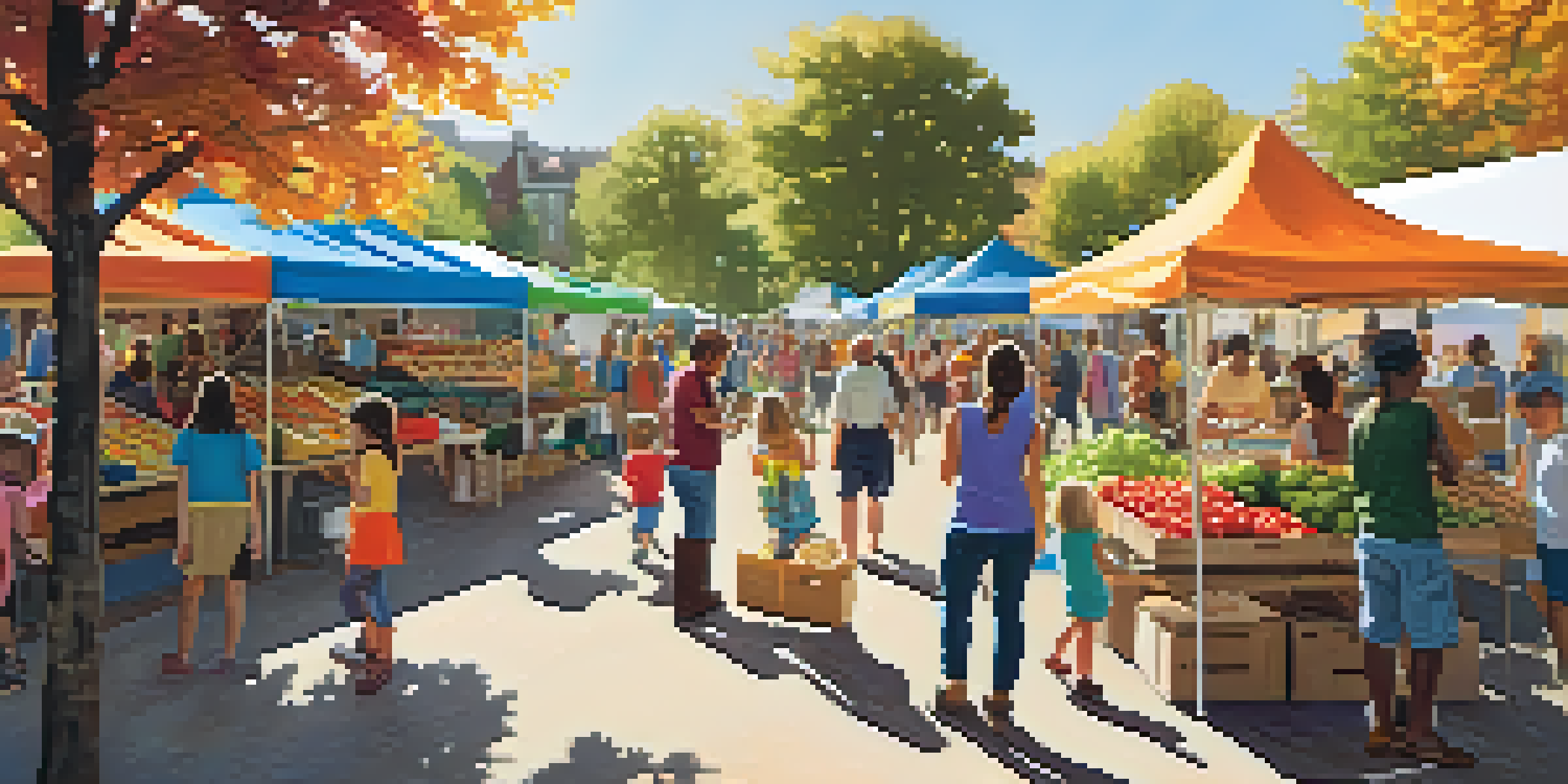A lively farmers' market in a neighborhood park with diverse people, colorful stalls, and children playing.
