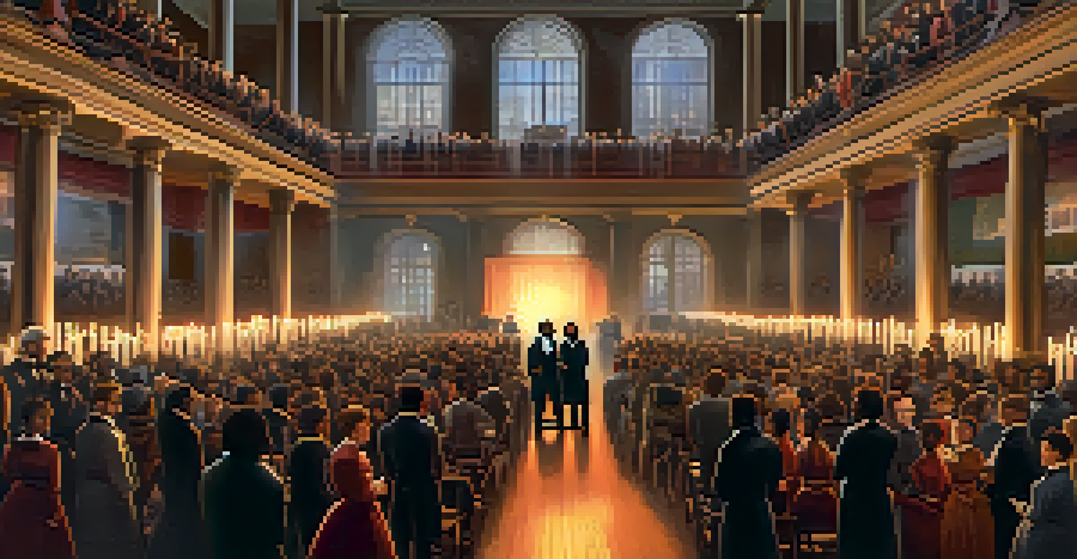 A historical abolitionist gathering in New York City with Frederick Douglass speaking to an engaged audience.