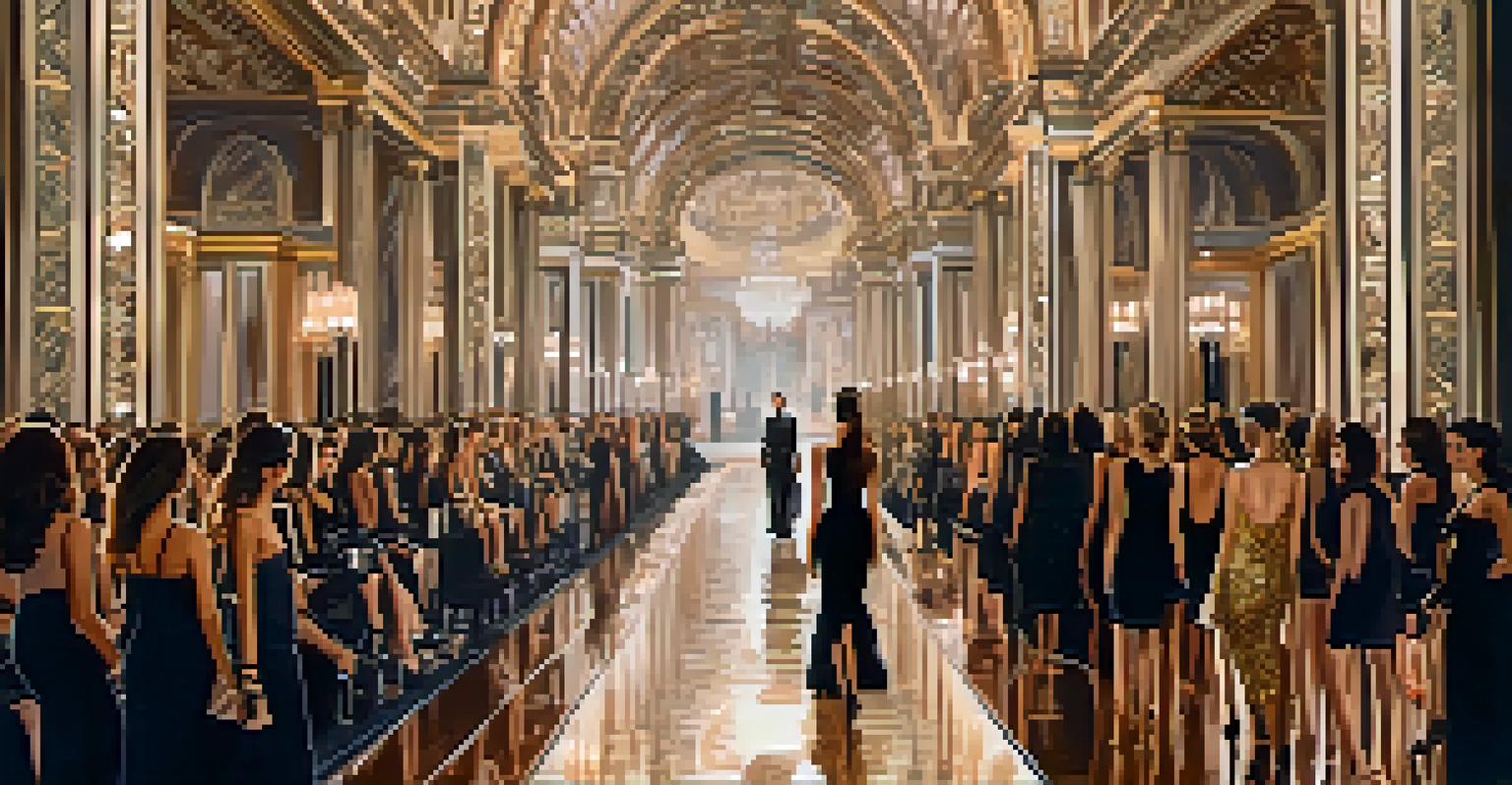 Models walking on the runway at Milan Fashion Week, surrounded by an elegant audience and luxurious decor.