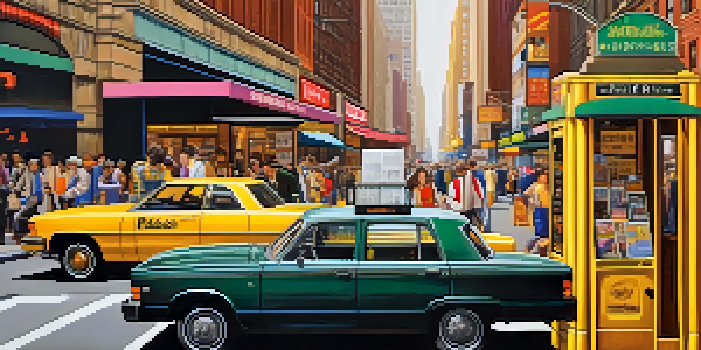 A busy New York City street in the 1990s with newspaper stands and internet cafes, featuring people in 90s clothing and yellow cabs.