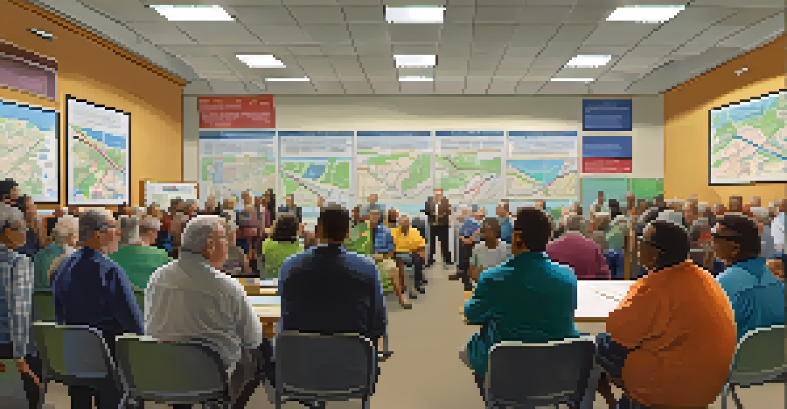 A community meeting in a local hall with residents discussing transportation issues and advocating for better transit.