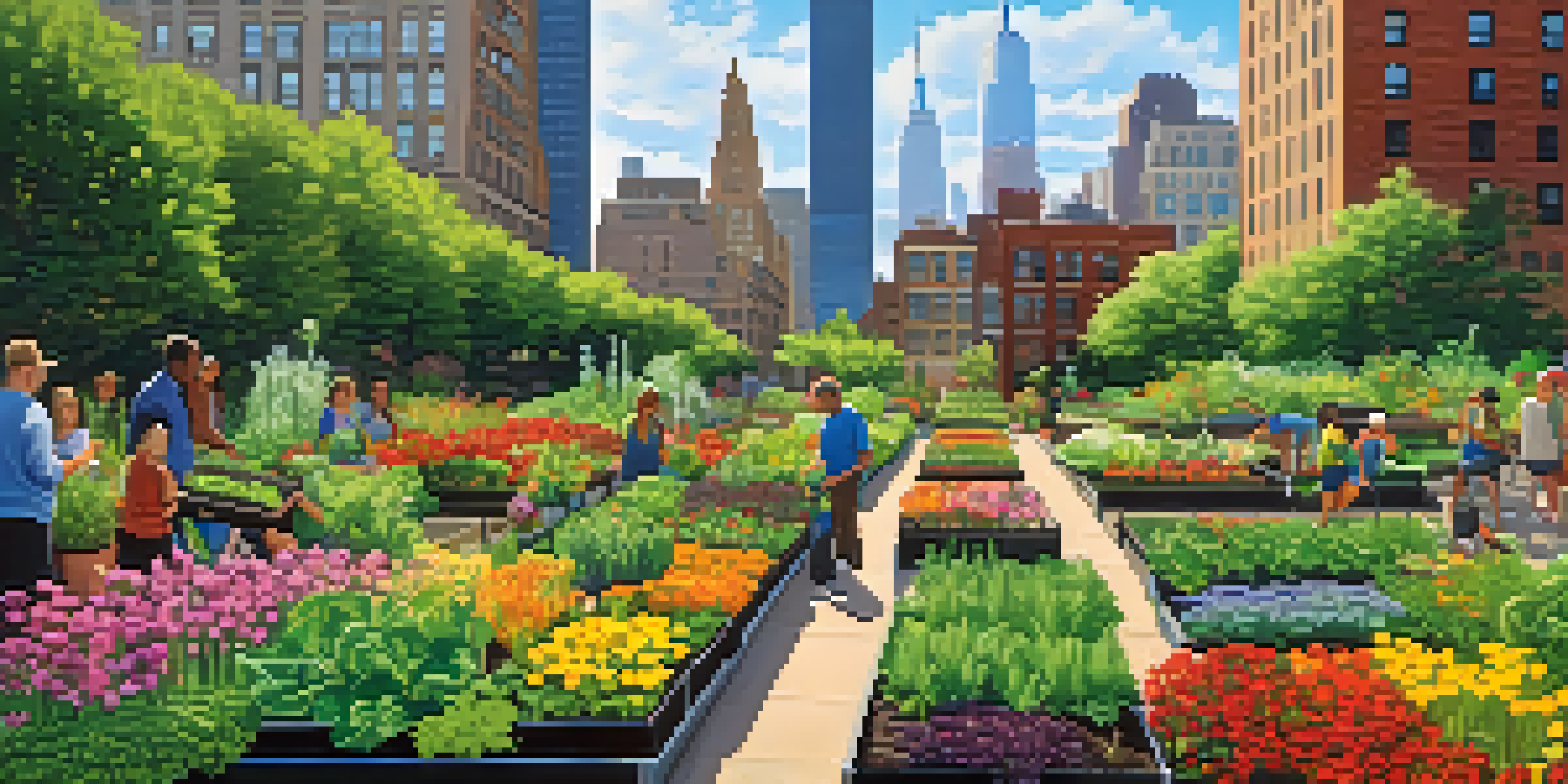 A bustling urban garden in NYC, with diverse people planting and harvesting alongside colorful flowers and vegetables against a backdrop of tall buildings and a blue sky.