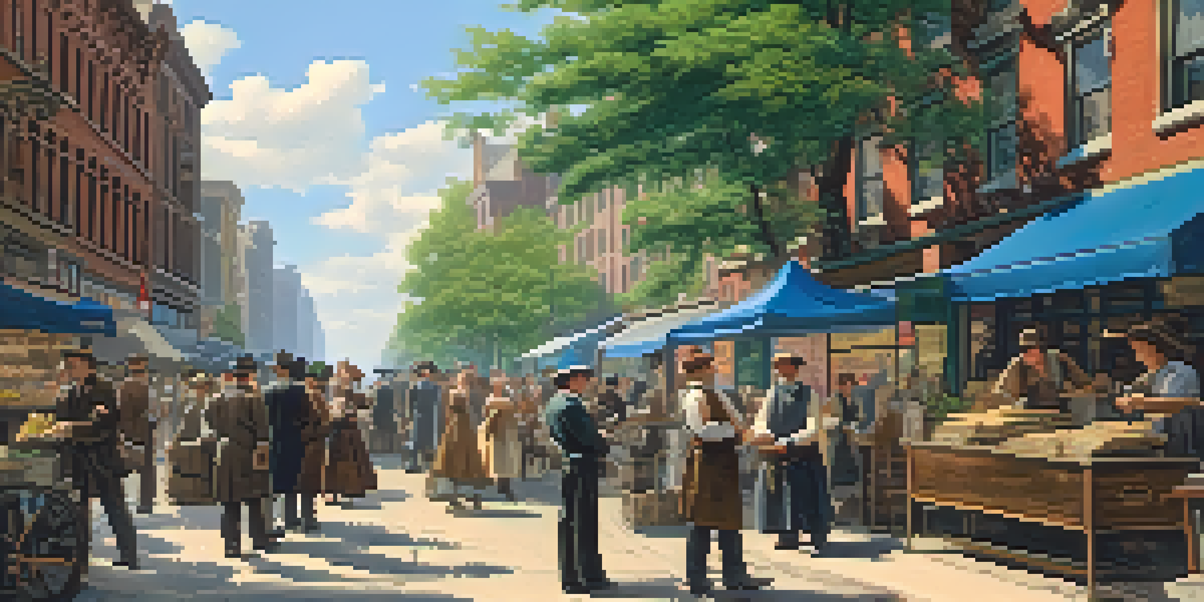 A bustling 19th century New York City street filled with diverse people, a newspaper vendor, and historical architecture under a bright sky.