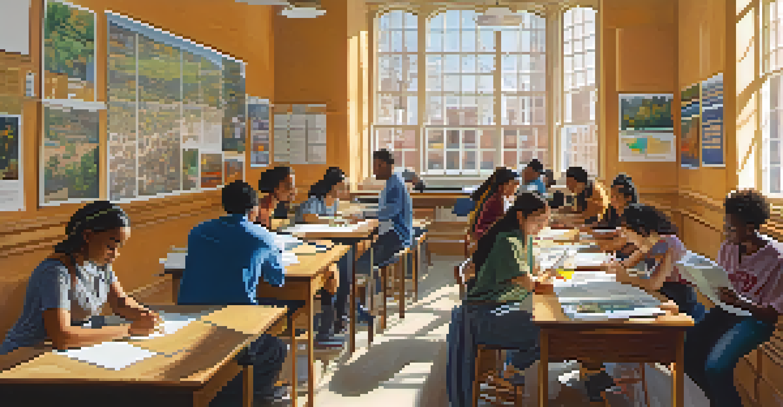 A diverse group of students collaborating on a project in a bright classroom at CUNY, surrounded by educational materials and sunlight.