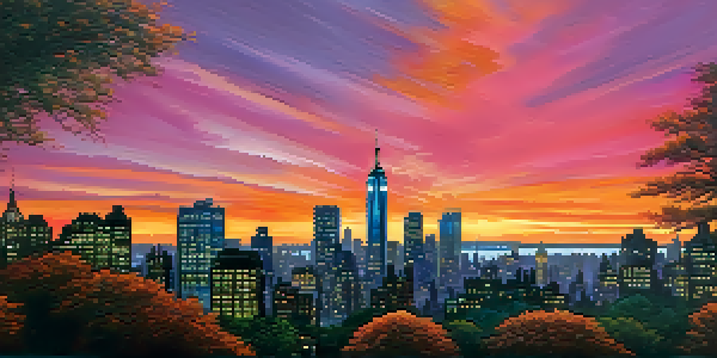 A colorful sunset over the New York City skyline with the Empire State Building and One World Trade Center, surrounded by silhouetted trees in Central Park.