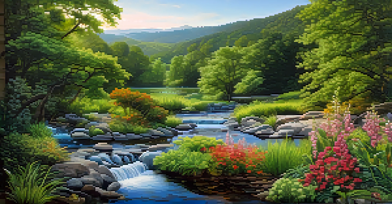 A beautiful landscape painting showcasing a vibrant ecosystem with greenery, flowers, and a stream under soft sunlight.