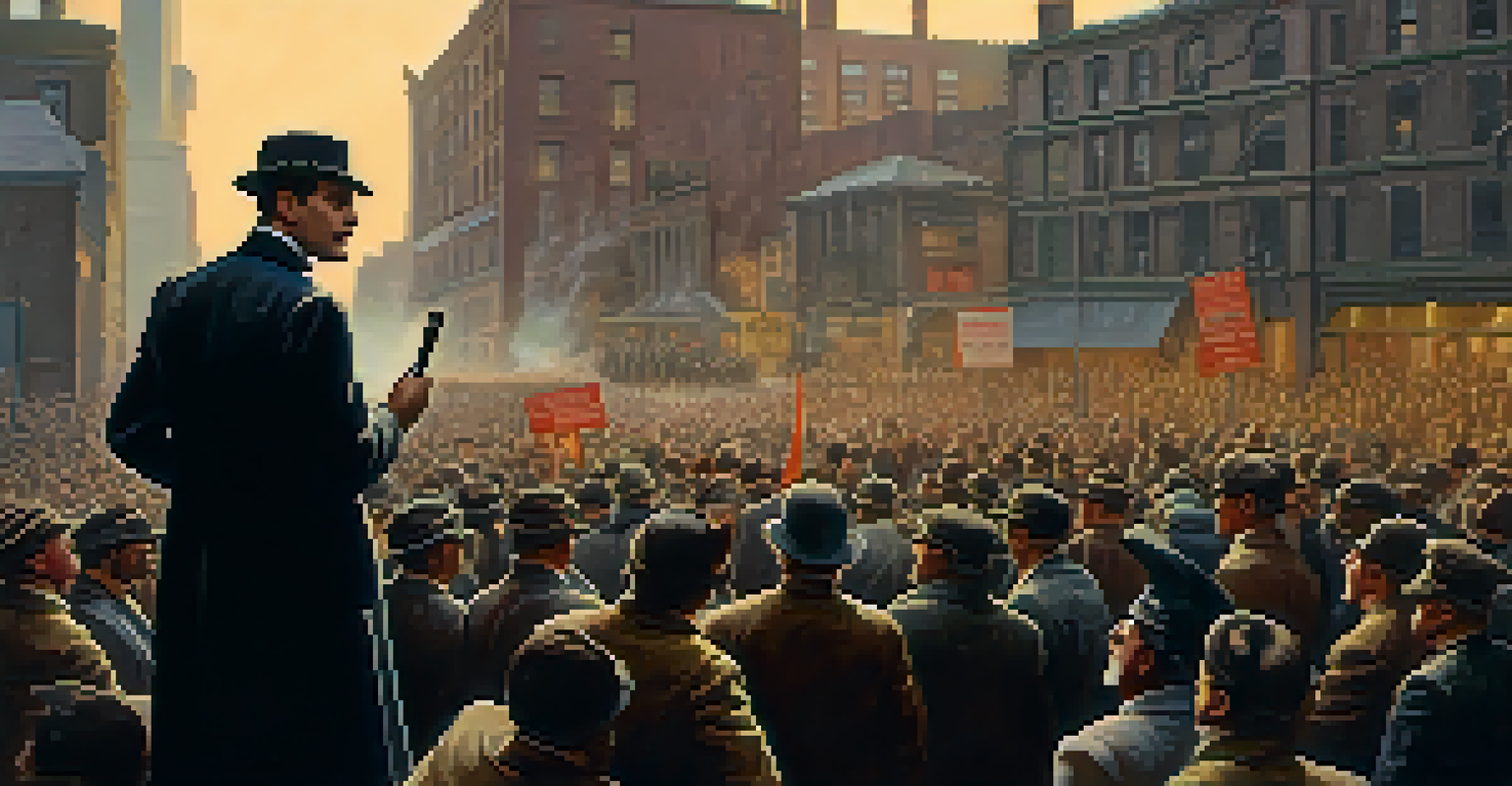 A labor leader addressing a crowd during a protest in the Gilded Age, with industrial buildings in the background and signs for workers' rights.