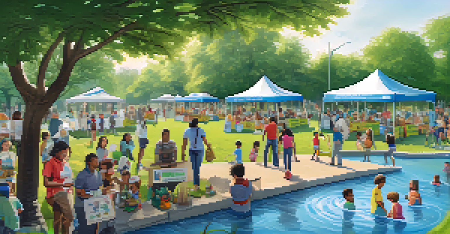 A community event in a park focused on water conservation, featuring families and educational activities under sunny weather.
